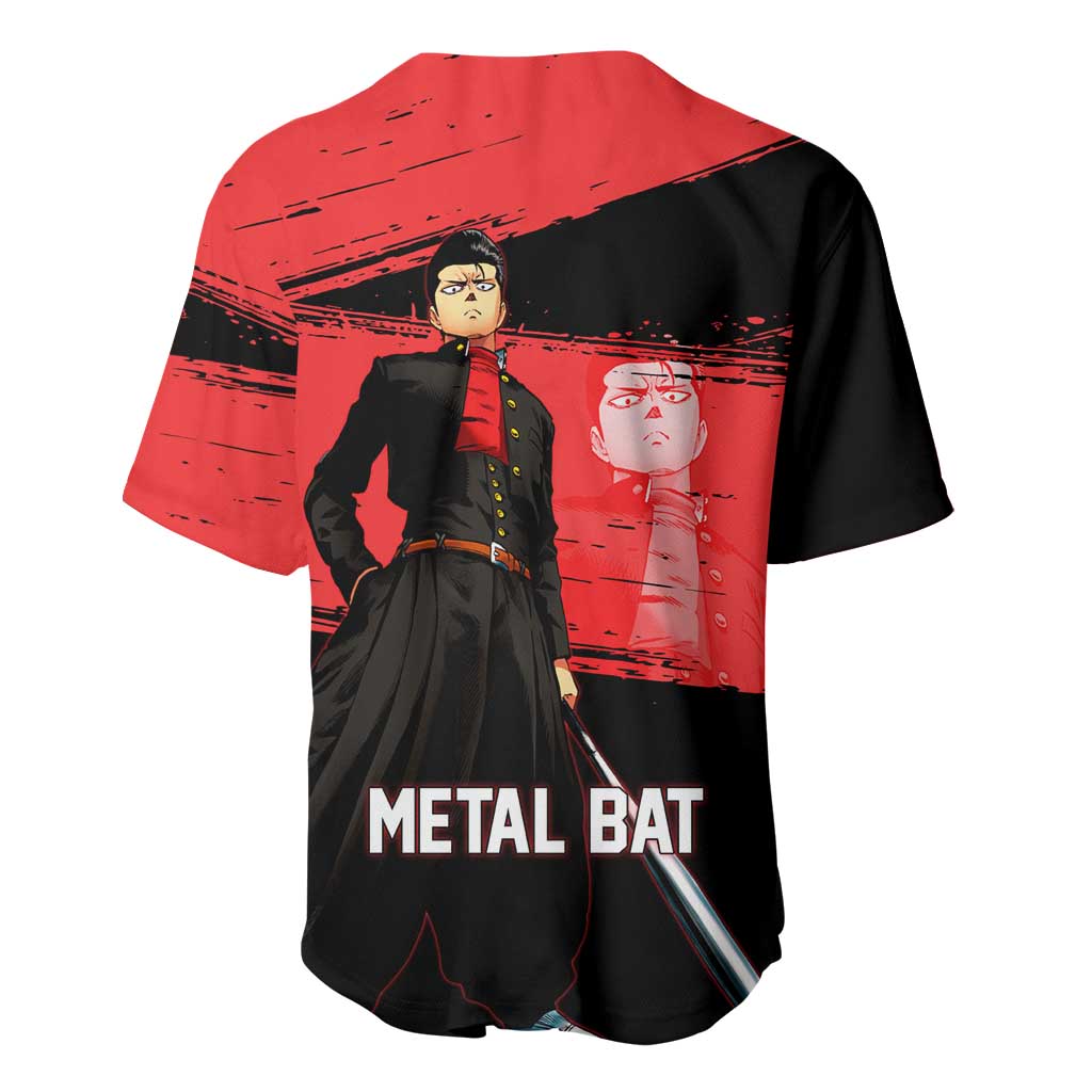 Metal Bat One Punch Man Anime Red and Black Theme Baseball Jersey with Street Fighter Style and Bold Bat Stance - The Mazicc