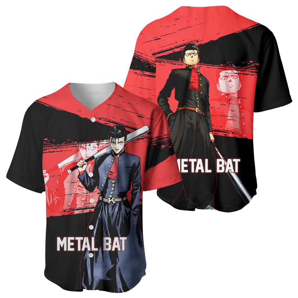 Metal Bat One Punch Man Anime Red and Black Theme Baseball Jersey with Street Fighter Style and Bold Bat Stance - The Mazicc