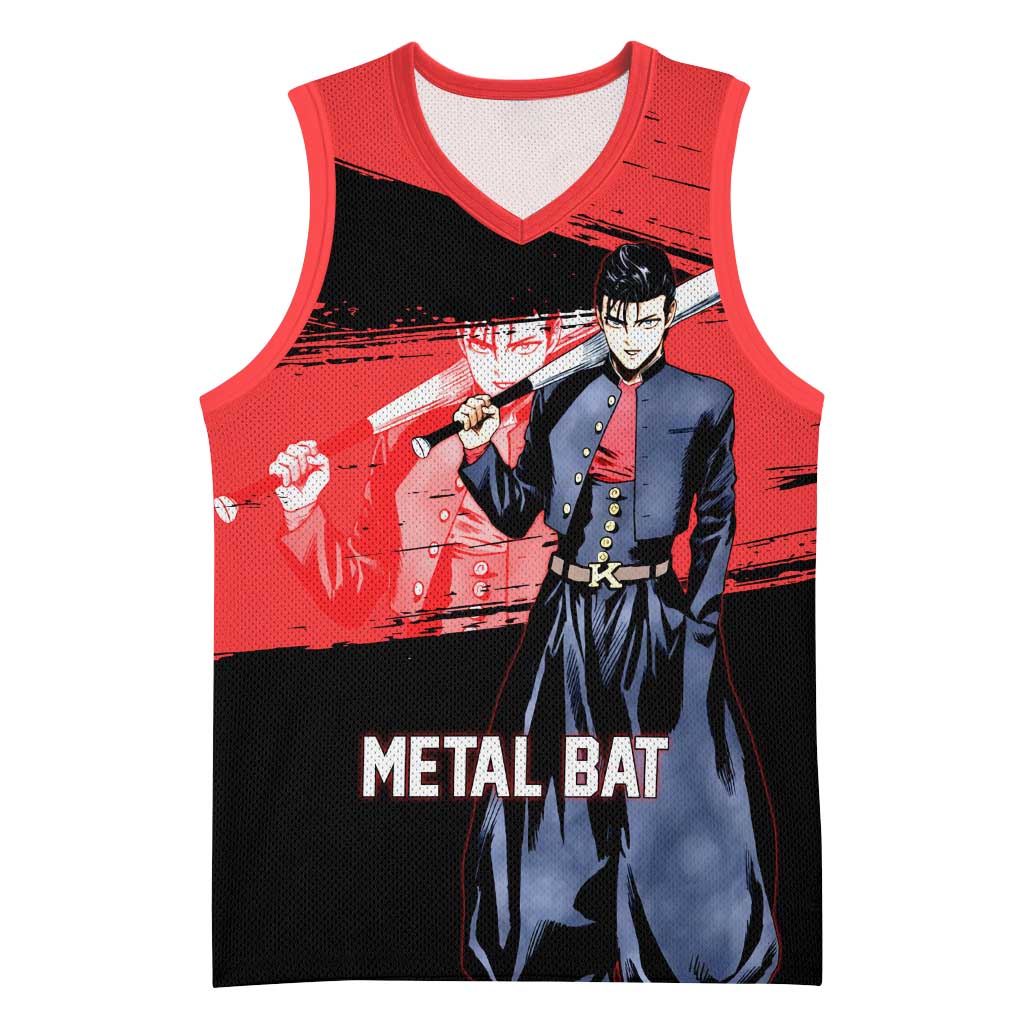 Metal Bat One Punch Man Anime Red and Black Theme Basketball Jersey with Street Fighter Style and Bold Bat Stance - The Mazicc