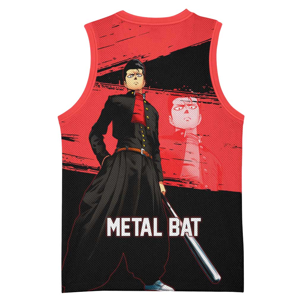 Metal Bat One Punch Man Anime Red and Black Theme Basketball Jersey with Street Fighter Style and Bold Bat Stance - The Mazicc