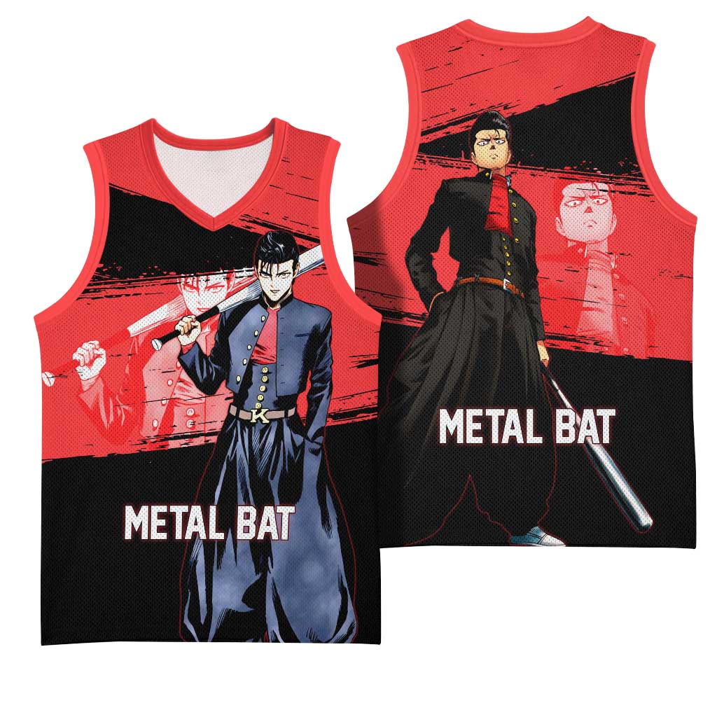 Metal Bat One Punch Man Anime Red and Black Theme Basketball Jersey with Street Fighter Style and Bold Bat Stance - The Mazicc