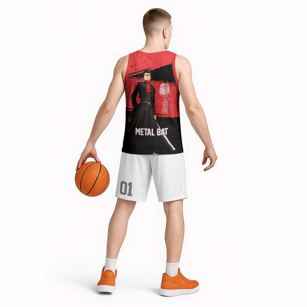 Metal Bat One Punch Man Anime Red and Black Theme Basketball Jersey with Street Fighter Style and Bold Bat Stance - The Mazicc