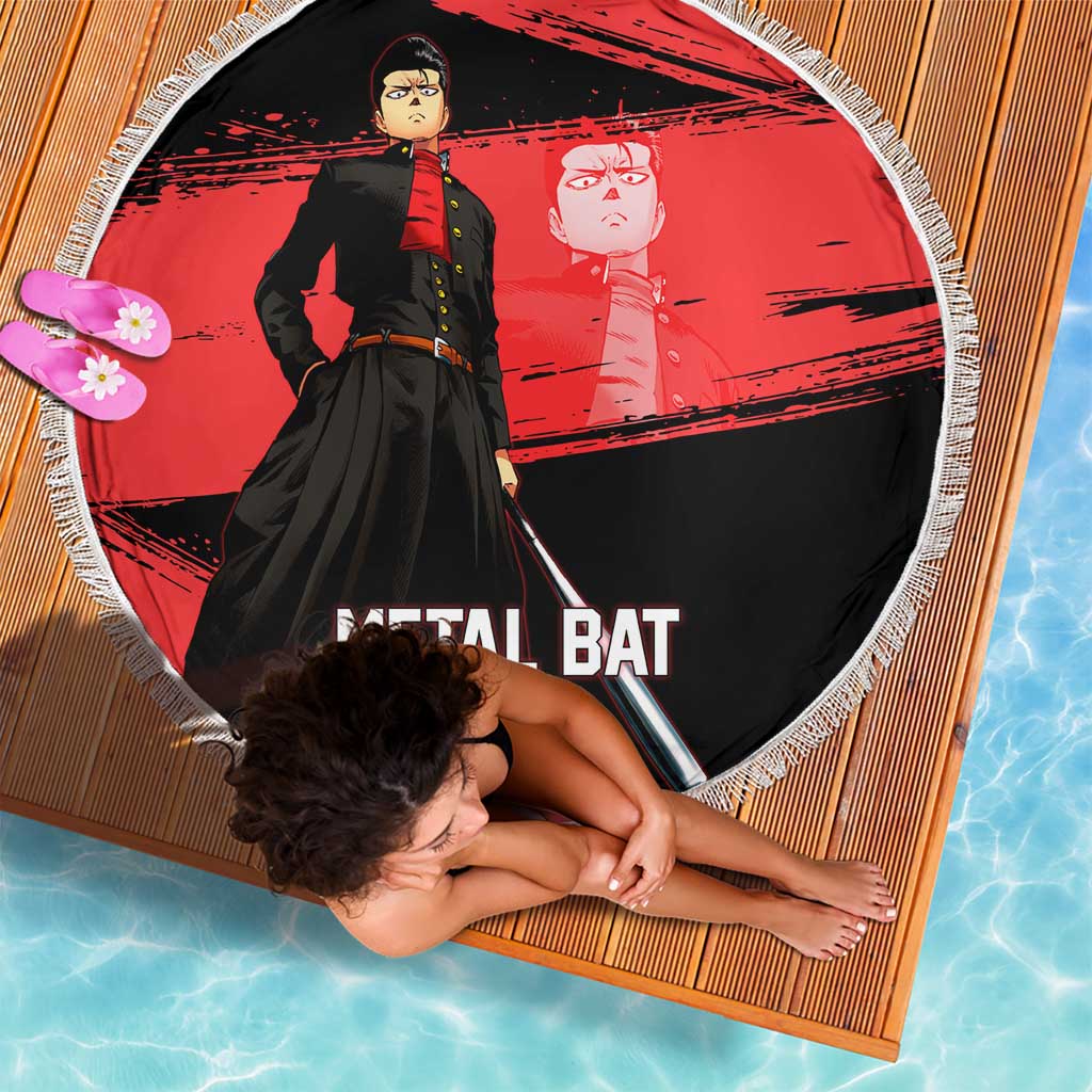 Metal Bat One Punch Man Anime Red and Black Theme Beach Blanket with Street Fighter Style and Bold Bat Stance - The Mazicc