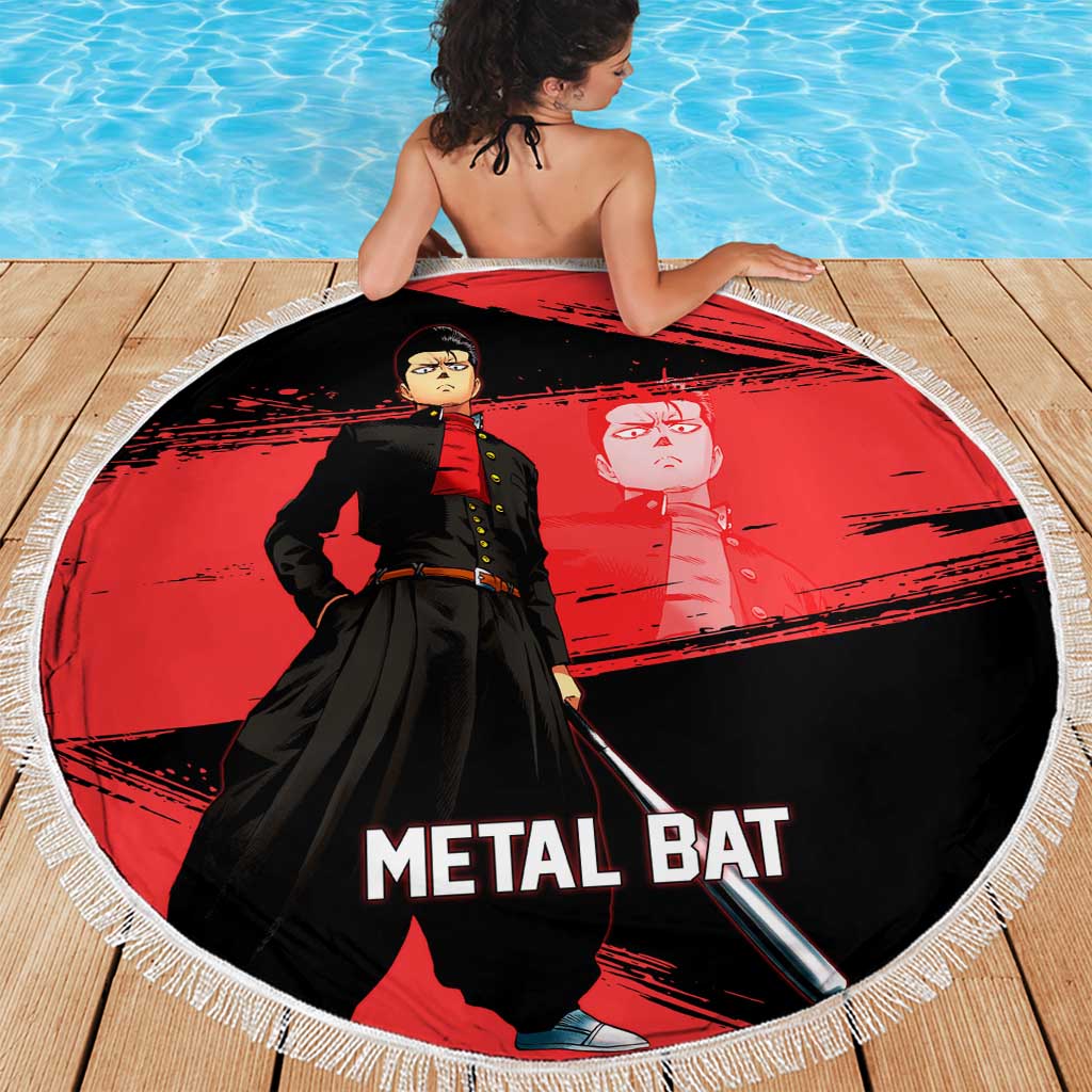 Metal Bat One Punch Man Anime Red and Black Theme Beach Blanket with Street Fighter Style and Bold Bat Stance - The Mazicc