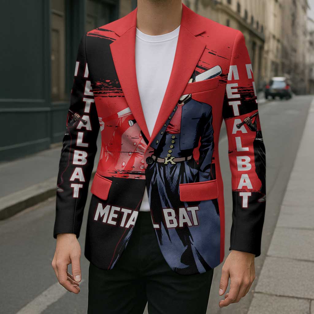 Metal Bat One Punch Man Anime Red and Black Theme Blazer with Street Fighter Style and Bold Bat Stance - The Mazicc