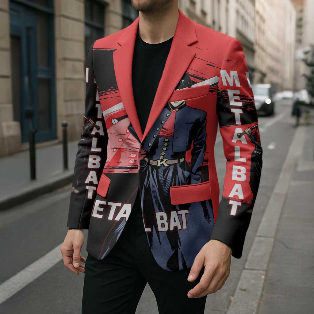 Metal Bat One Punch Man Anime Red and Black Theme Blazer with Street Fighter Style and Bold Bat Stance - The Mazicc