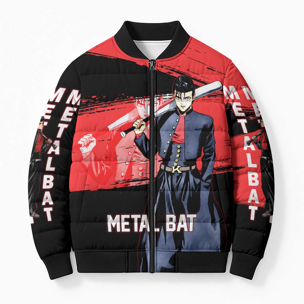 Metal Bat One Punch Man Anime Red and Black Theme Bomber Puffer Jacket with Street Fighter Style and Bold Bat Stance - The Mazicc