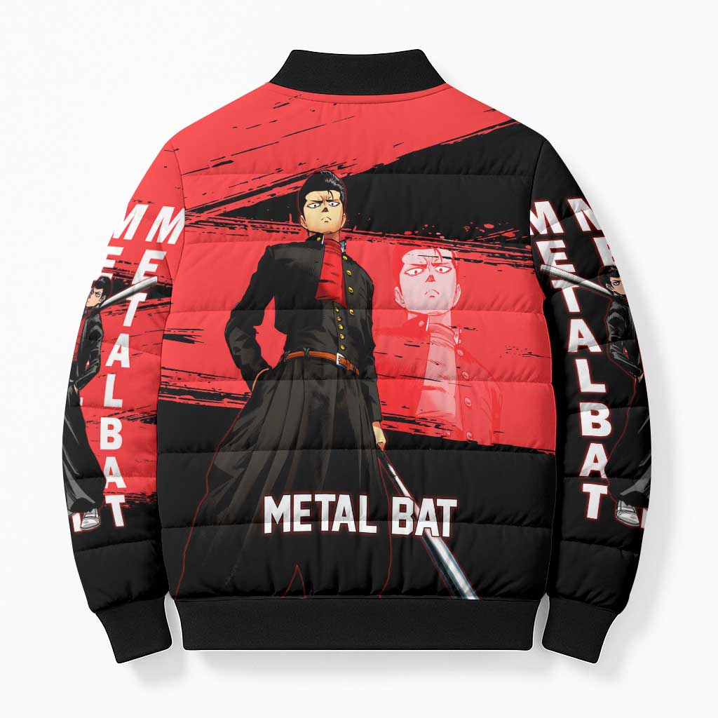 Metal Bat One Punch Man Anime Red and Black Theme Bomber Puffer Jacket with Street Fighter Style and Bold Bat Stance - The Mazicc