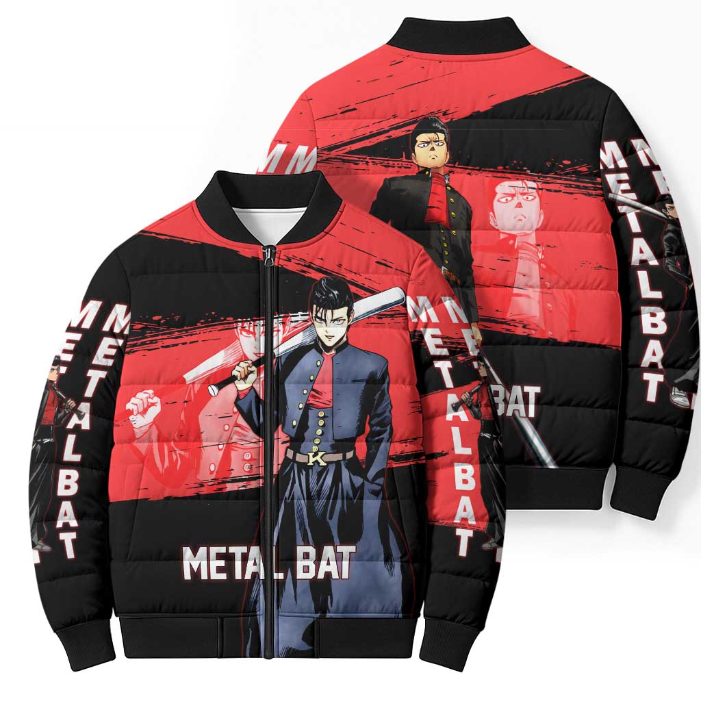Metal Bat One Punch Man Anime Red and Black Theme Bomber Puffer Jacket with Street Fighter Style and Bold Bat Stance - The Mazicc