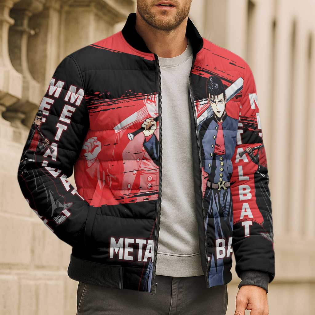 Metal Bat One Punch Man Anime Red and Black Theme Bomber Puffer Jacket with Street Fighter Style and Bold Bat Stance - The Mazicc