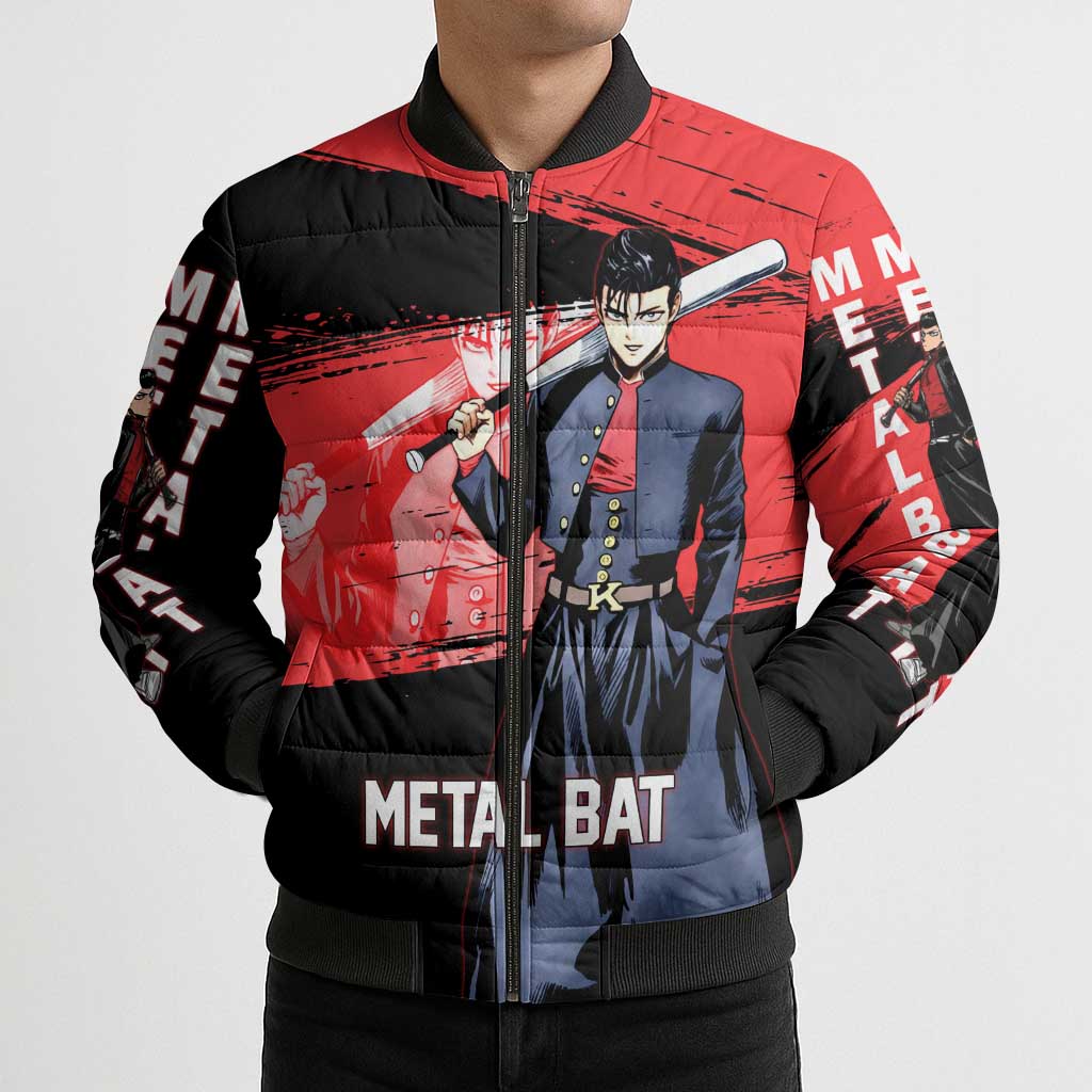 Metal Bat One Punch Man Anime Red and Black Theme Bomber Puffer Jacket with Street Fighter Style and Bold Bat Stance - The Mazicc