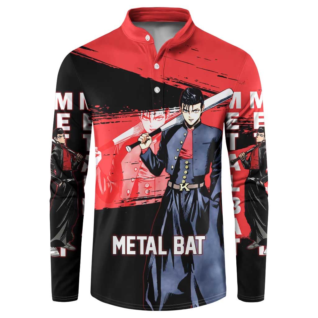 Metal Bat One Punch Man Anime Red and Black Theme Button Sweatshirt with Street Fighter Style and Bold Bat Stance - The Mazicc