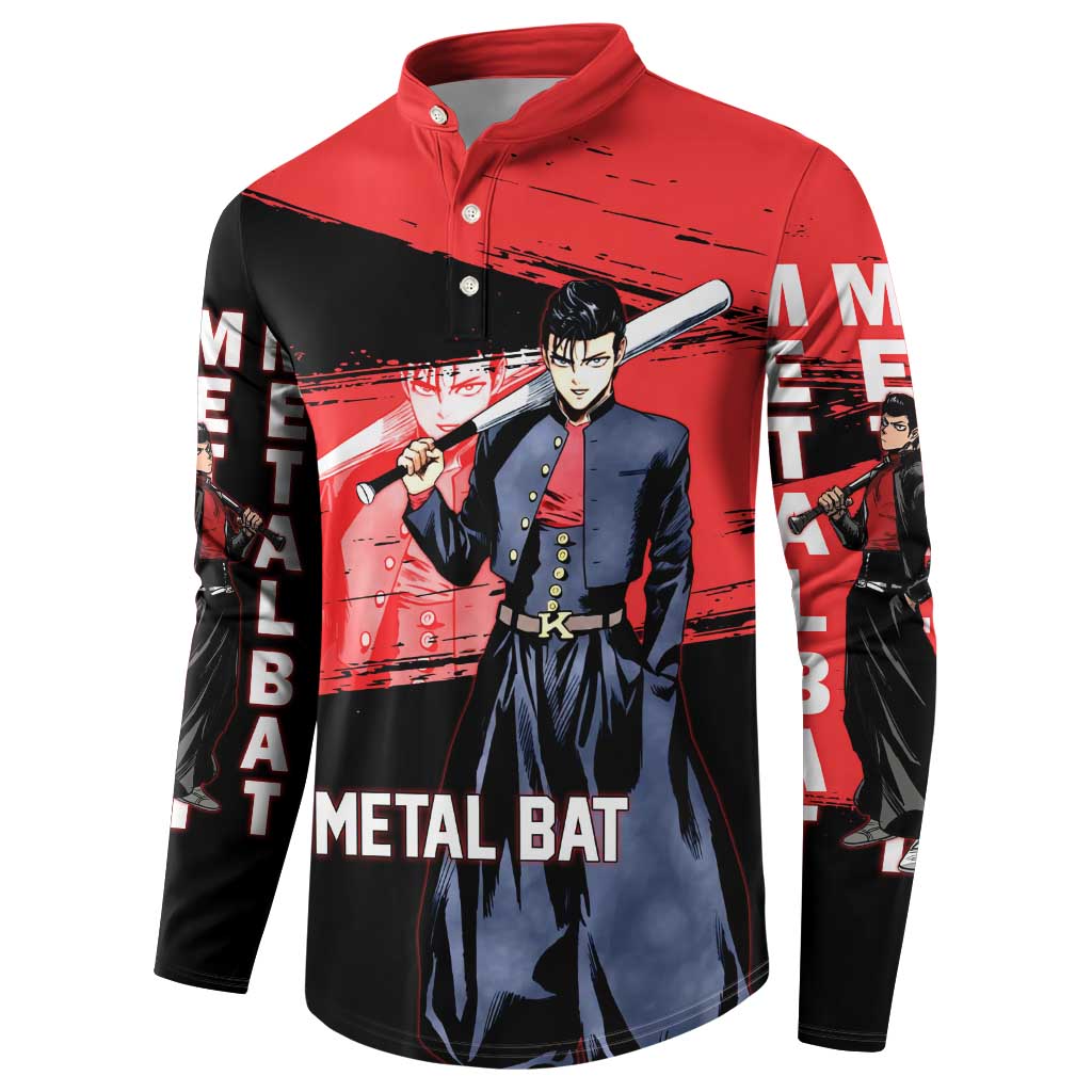 Metal Bat One Punch Man Anime Red and Black Theme Button Sweatshirt with Street Fighter Style and Bold Bat Stance - The Mazicc