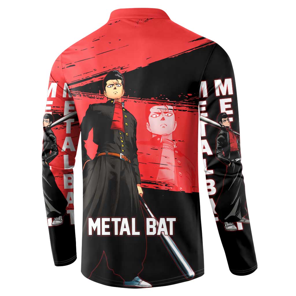 Metal Bat One Punch Man Anime Red and Black Theme Button Sweatshirt with Street Fighter Style and Bold Bat Stance - The Mazicc
