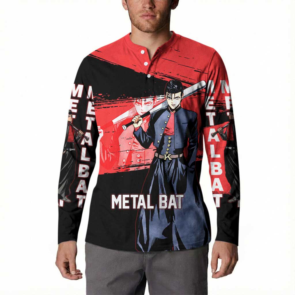 Metal Bat One Punch Man Anime Red and Black Theme Button Sweatshirt with Street Fighter Style and Bold Bat Stance - The Mazicc