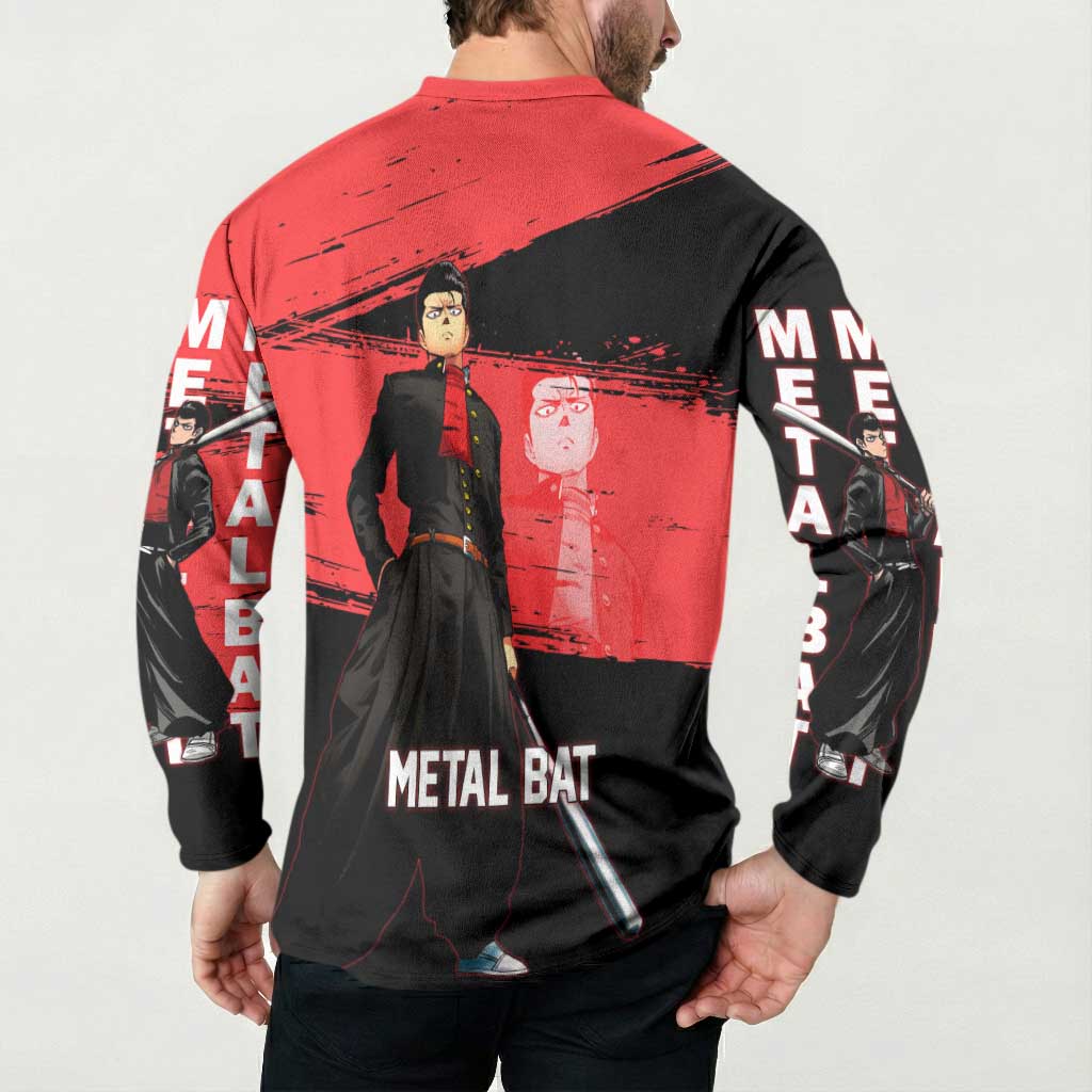 Metal Bat One Punch Man Anime Red and Black Theme Button Sweatshirt with Street Fighter Style and Bold Bat Stance - The Mazicc