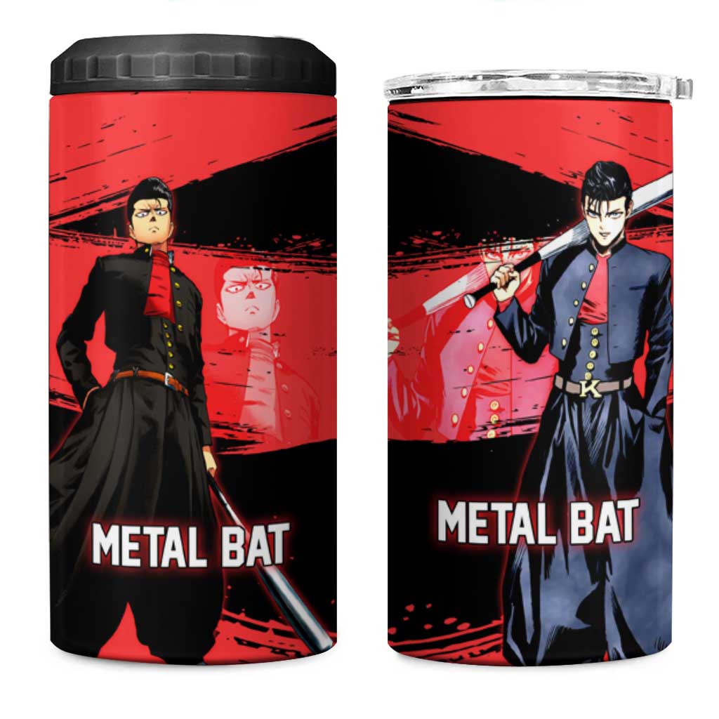 Metal Bat One Punch Man Anime Red and Black Theme 4 in 1 Can Cooler Tumbler with Street Fighter Style and Bold Bat Stance - The Mazicc
