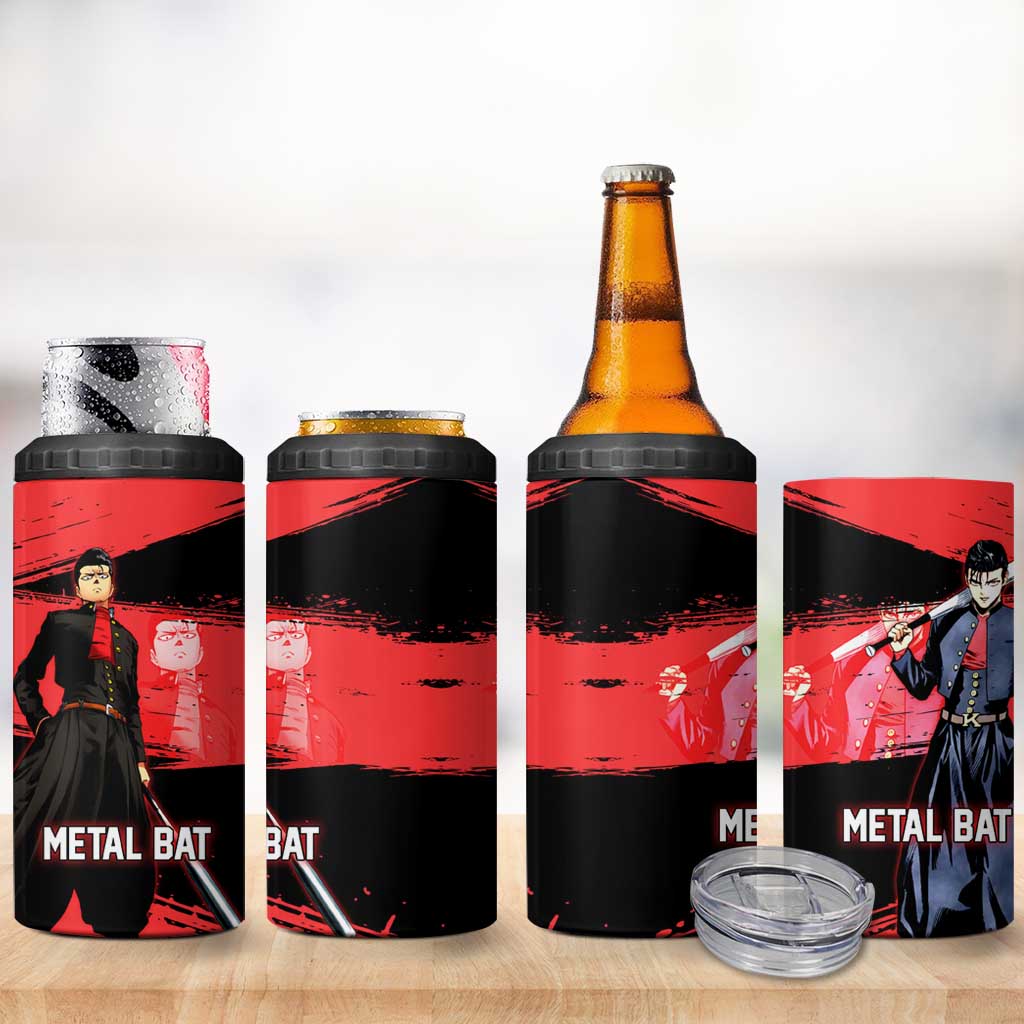 Metal Bat One Punch Man Anime Red and Black Theme 4 in 1 Can Cooler Tumbler with Street Fighter Style and Bold Bat Stance - The Mazicc