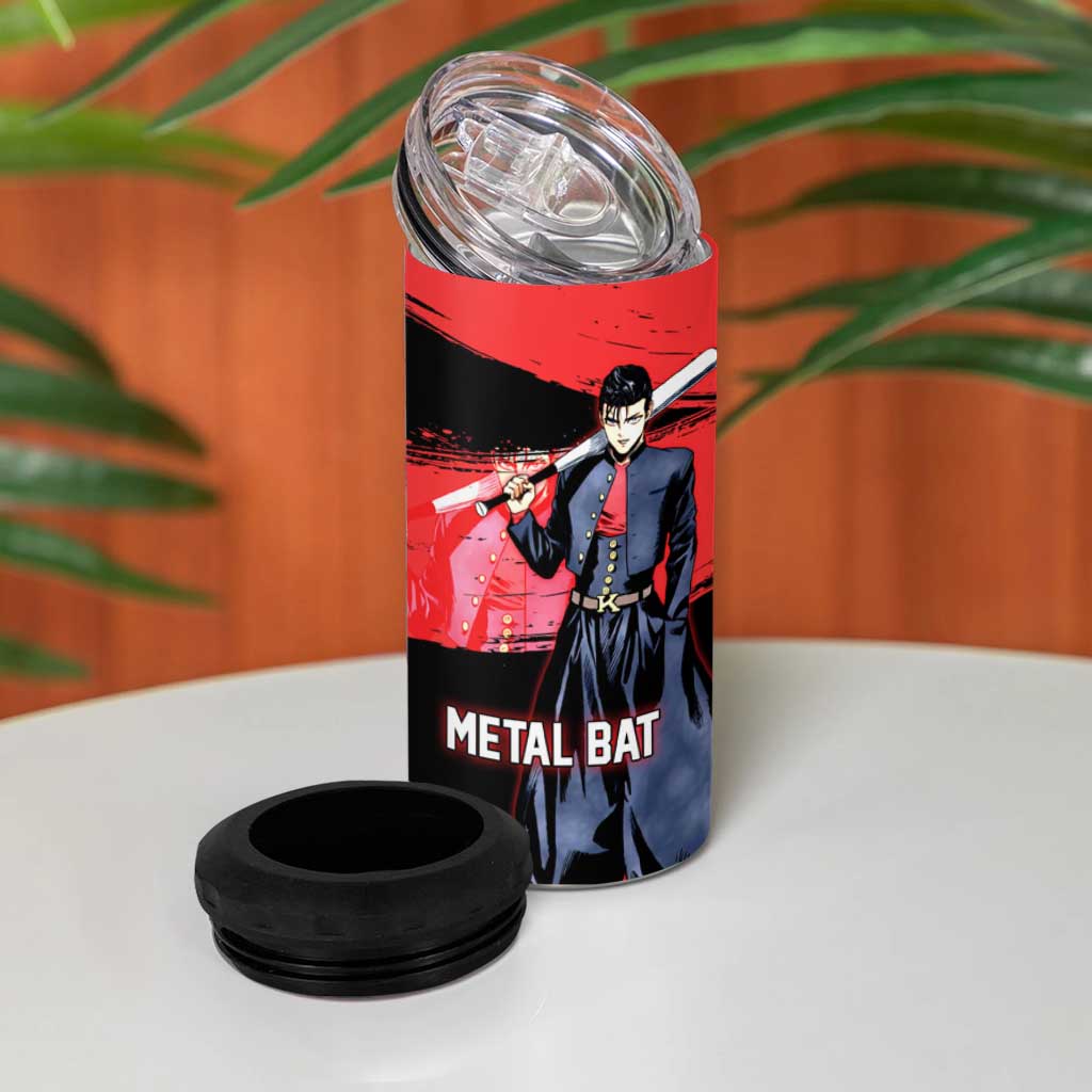 Metal Bat One Punch Man Anime Red and Black Theme 4 in 1 Can Cooler Tumbler with Street Fighter Style and Bold Bat Stance - The Mazicc