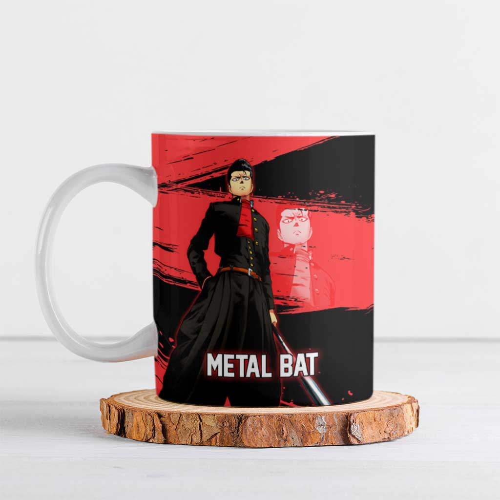 Metal Bat One Punch Man Anime Red and Black Theme Ceramic Mug with Street Fighter Style and Bold Bat Stance - The Mazicc
