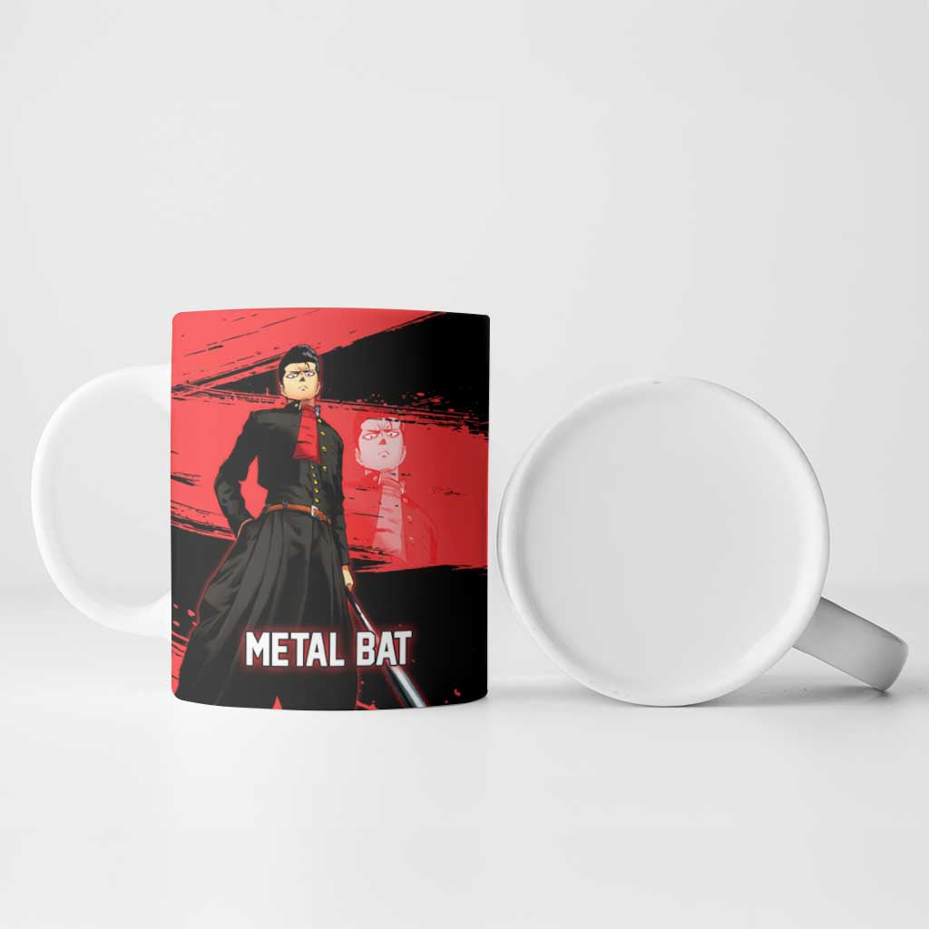 Metal Bat One Punch Man Anime Red and Black Theme Ceramic Mug with Street Fighter Style and Bold Bat Stance - The Mazicc