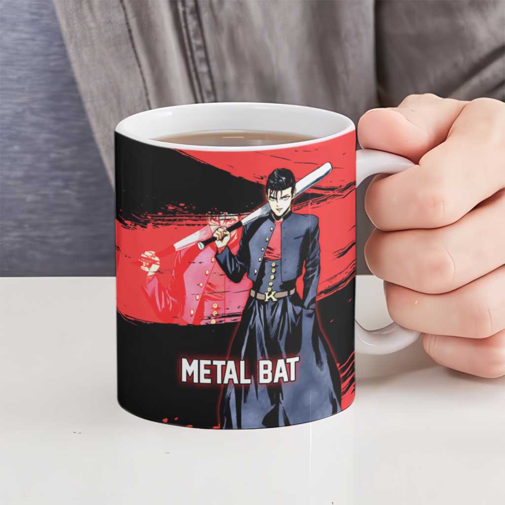 Metal Bat One Punch Man Anime Red and Black Theme Ceramic Mug with Street Fighter Style and Bold Bat Stance - The Mazicc
