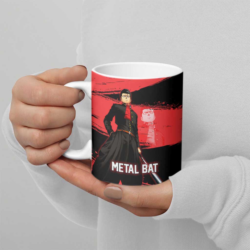 Metal Bat One Punch Man Anime Red and Black Theme Ceramic Mug with Street Fighter Style and Bold Bat Stance - The Mazicc