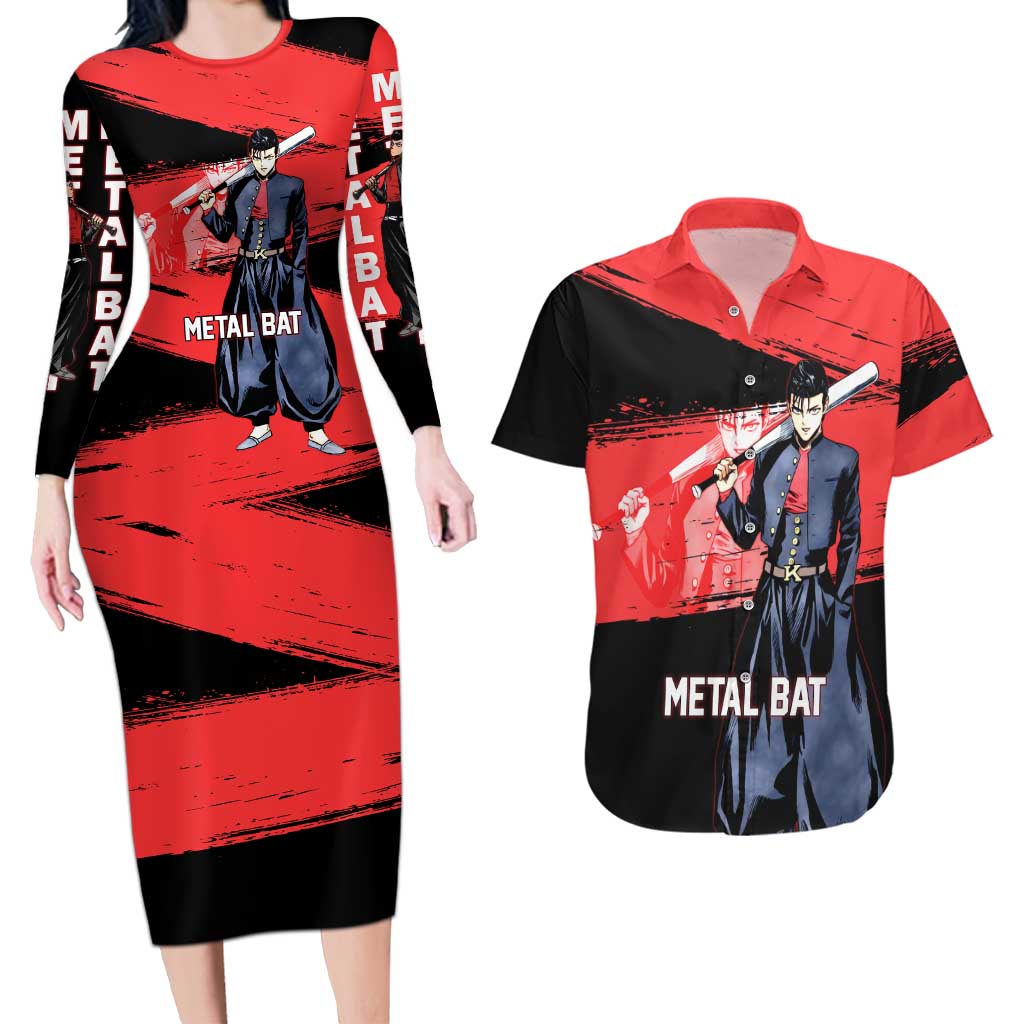 Metal Bat One Punch Man Anime Red and Black Theme Couples Matching Long Sleeve Bodycon Dress and Hawaiian Shirt with Street Fighter Style and Bold Bat Stance - The Mazicc
