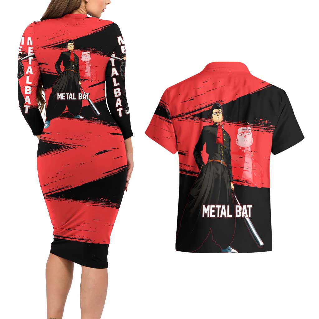 Metal Bat One Punch Man Anime Red and Black Theme Couples Matching Long Sleeve Bodycon Dress and Hawaiian Shirt with Street Fighter Style and Bold Bat Stance - The Mazicc