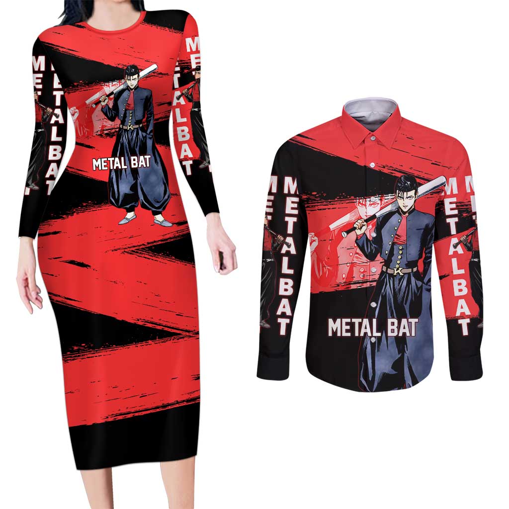 Metal Bat One Punch Man Anime Red and Black Theme Couples Matching Long Sleeve Bodycon Dress and Long Sleeve Button Shirt with Street Fighter Style and Bold Bat Stance - The Mazicc