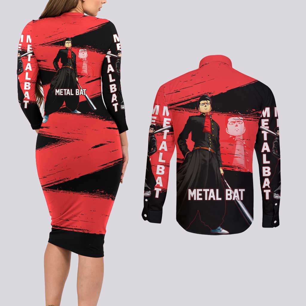 Metal Bat One Punch Man Anime Red and Black Theme Couples Matching Long Sleeve Bodycon Dress and Long Sleeve Button Shirt with Street Fighter Style and Bold Bat Stance - The Mazicc