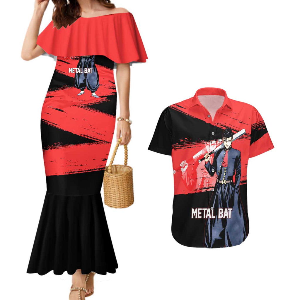 Metal Bat One Punch Man Anime Red and Black Theme Couples Matching Mermaid Dress and Hawaiian Shirt with Street Fighter Style and Bold Bat Stance - The Mazicc