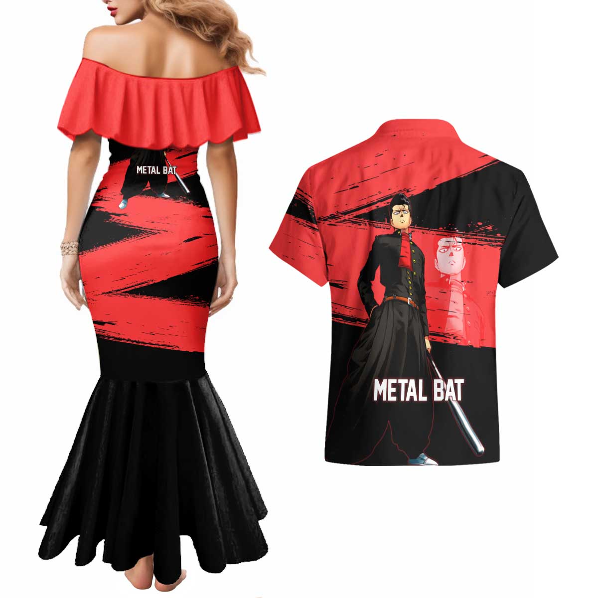 Metal Bat One Punch Man Anime Red and Black Theme Couples Matching Mermaid Dress and Hawaiian Shirt with Street Fighter Style and Bold Bat Stance - The Mazicc