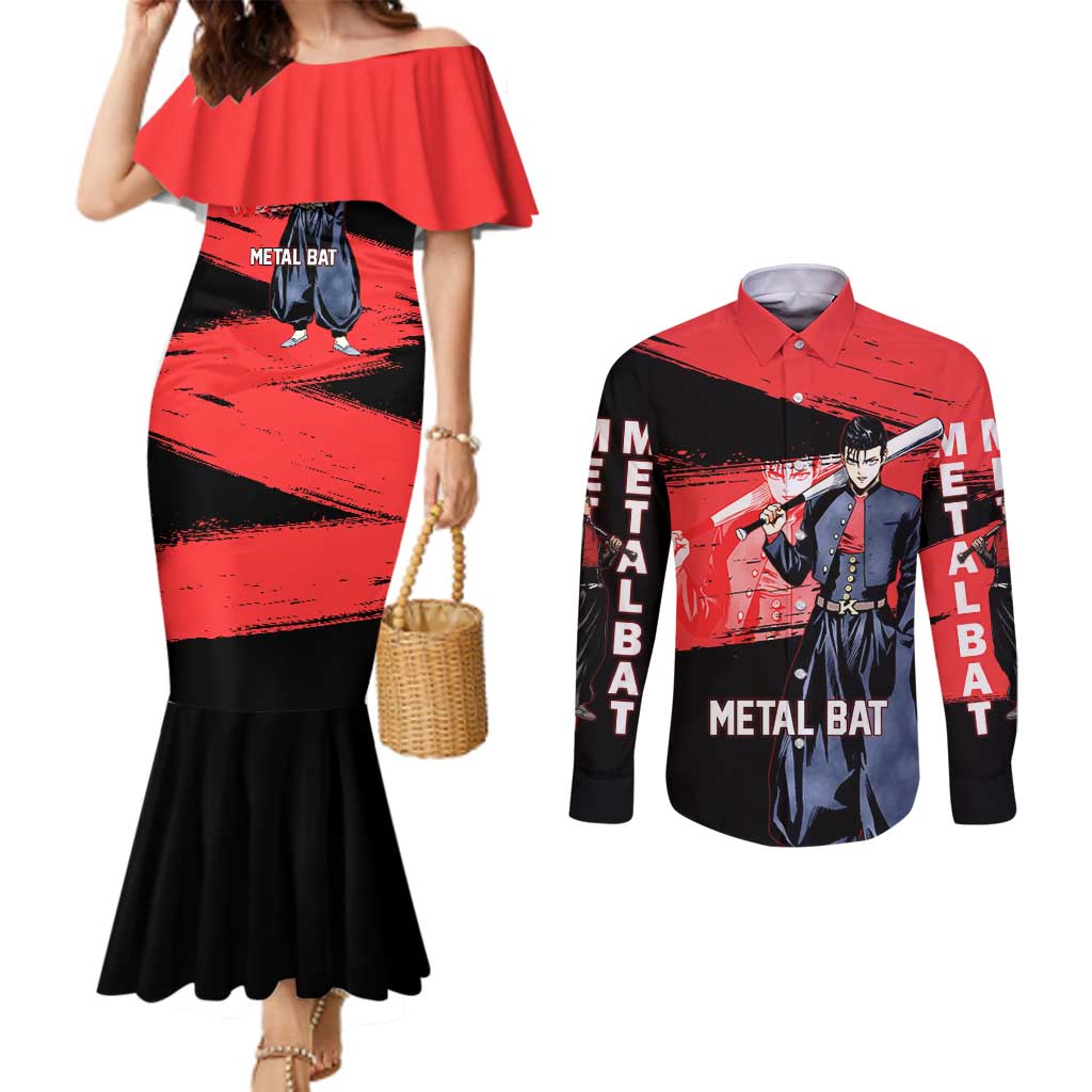 Metal Bat One Punch Man Anime Red and Black Theme Couples Matching Mermaid Dress and Long Sleeve Button Shirt with Street Fighter Style and Bold Bat Stance - The Mazicc