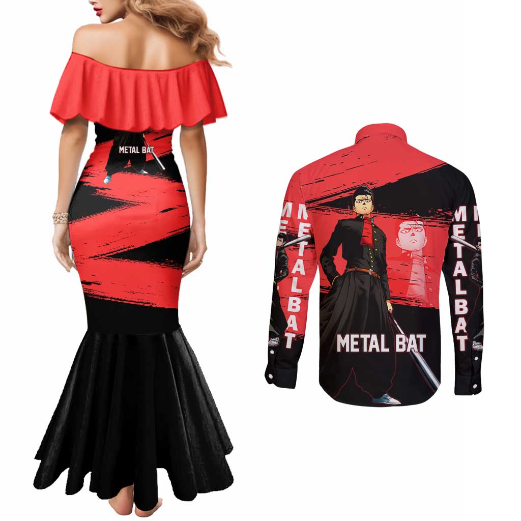 Metal Bat One Punch Man Anime Red and Black Theme Couples Matching Mermaid Dress and Long Sleeve Button Shirt with Street Fighter Style and Bold Bat Stance - The Mazicc