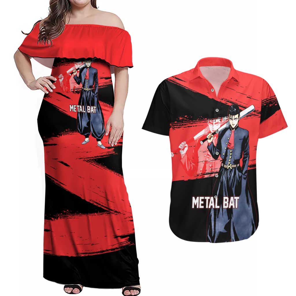 Metal Bat One Punch Man Anime Red and Black Theme Couples Matching Off Shoulder Maxi Dress and Hawaiian Shirt with Street Fighter Style and Bold Bat Stance - The Mazicc