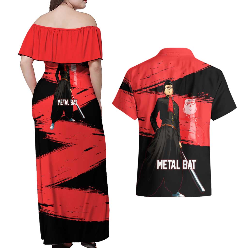 Metal Bat One Punch Man Anime Red and Black Theme Couples Matching Off Shoulder Maxi Dress and Hawaiian Shirt with Street Fighter Style and Bold Bat Stance - The Mazicc