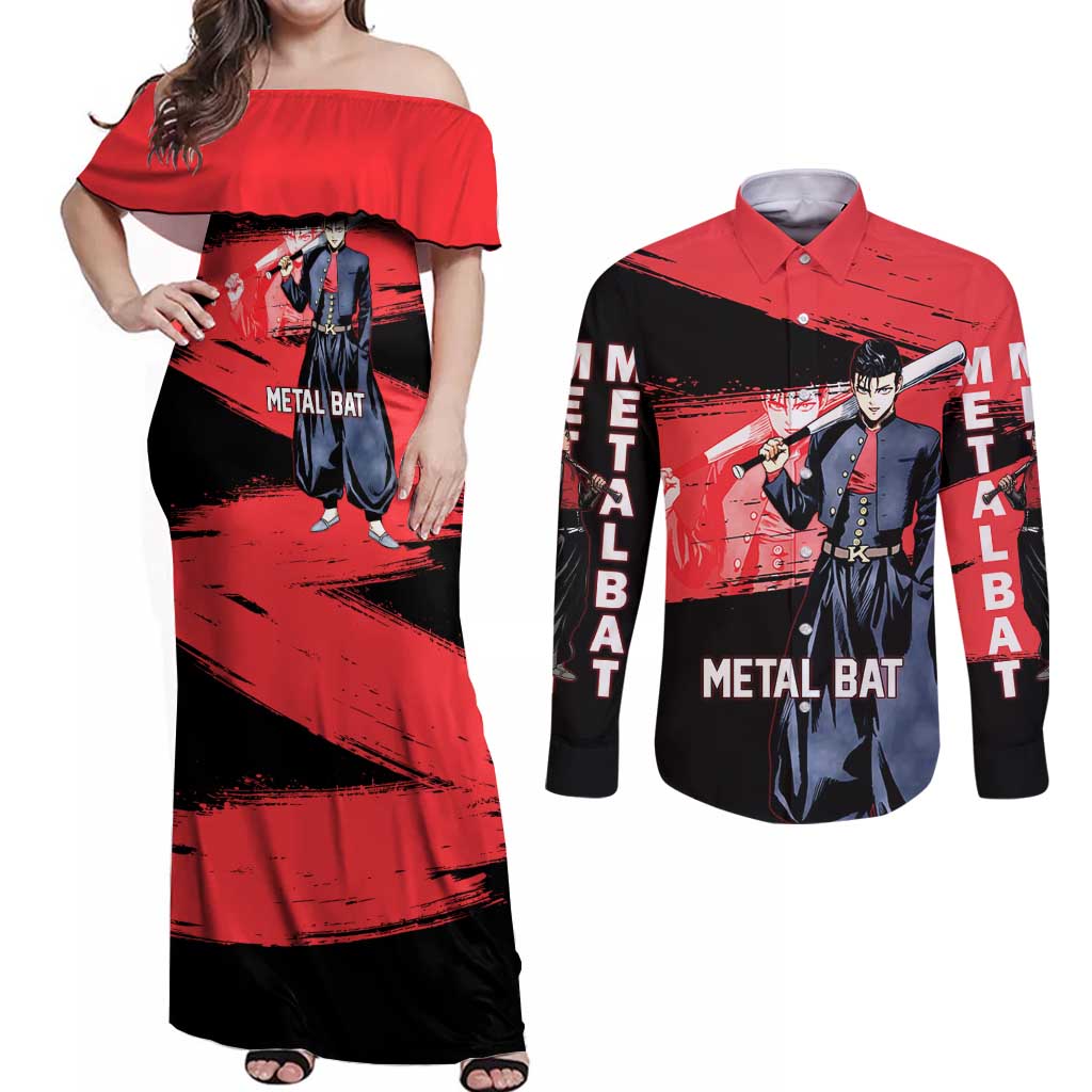 Metal Bat One Punch Man Anime Red and Black Theme Couples Matching Off Shoulder Maxi Dress and Long Sleeve Button Shirt with Street Fighter Style and Bold Bat Stance - The Mazicc