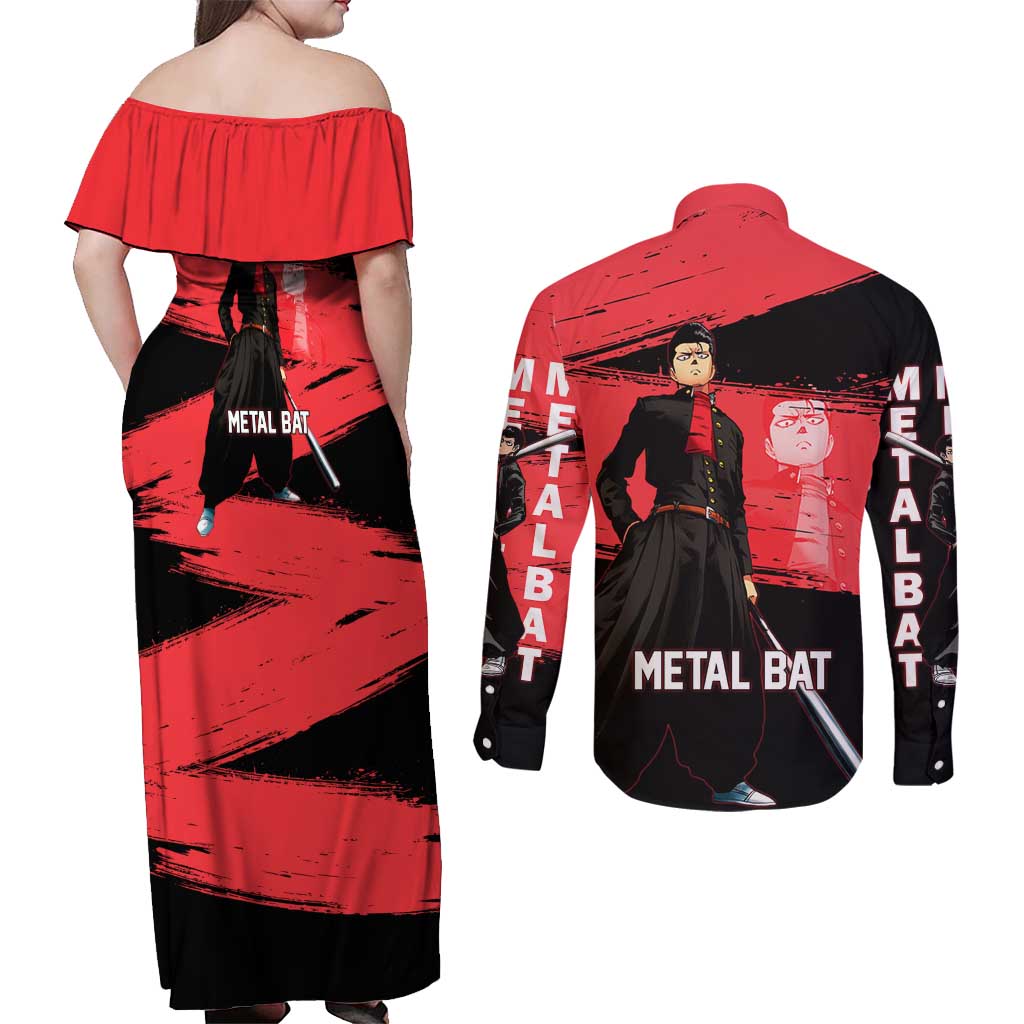 Metal Bat One Punch Man Anime Red and Black Theme Couples Matching Off Shoulder Maxi Dress and Long Sleeve Button Shirt with Street Fighter Style and Bold Bat Stance - The Mazicc
