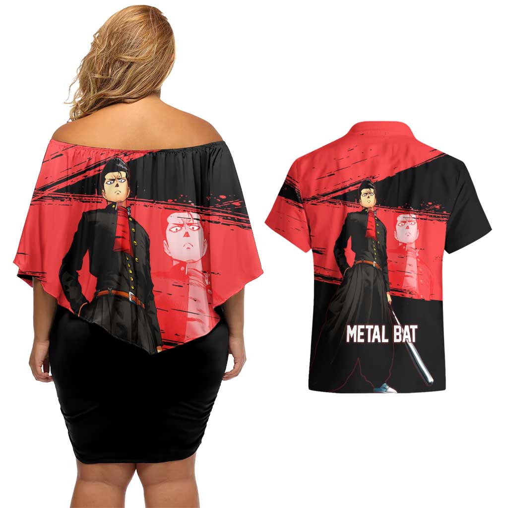 Metal Bat One Punch Man Anime Red and Black Theme Couples Matching Off Shoulder Short Dress and Hawaiian Shirt with Street Fighter Style and Bold Bat Stance - The Mazicc