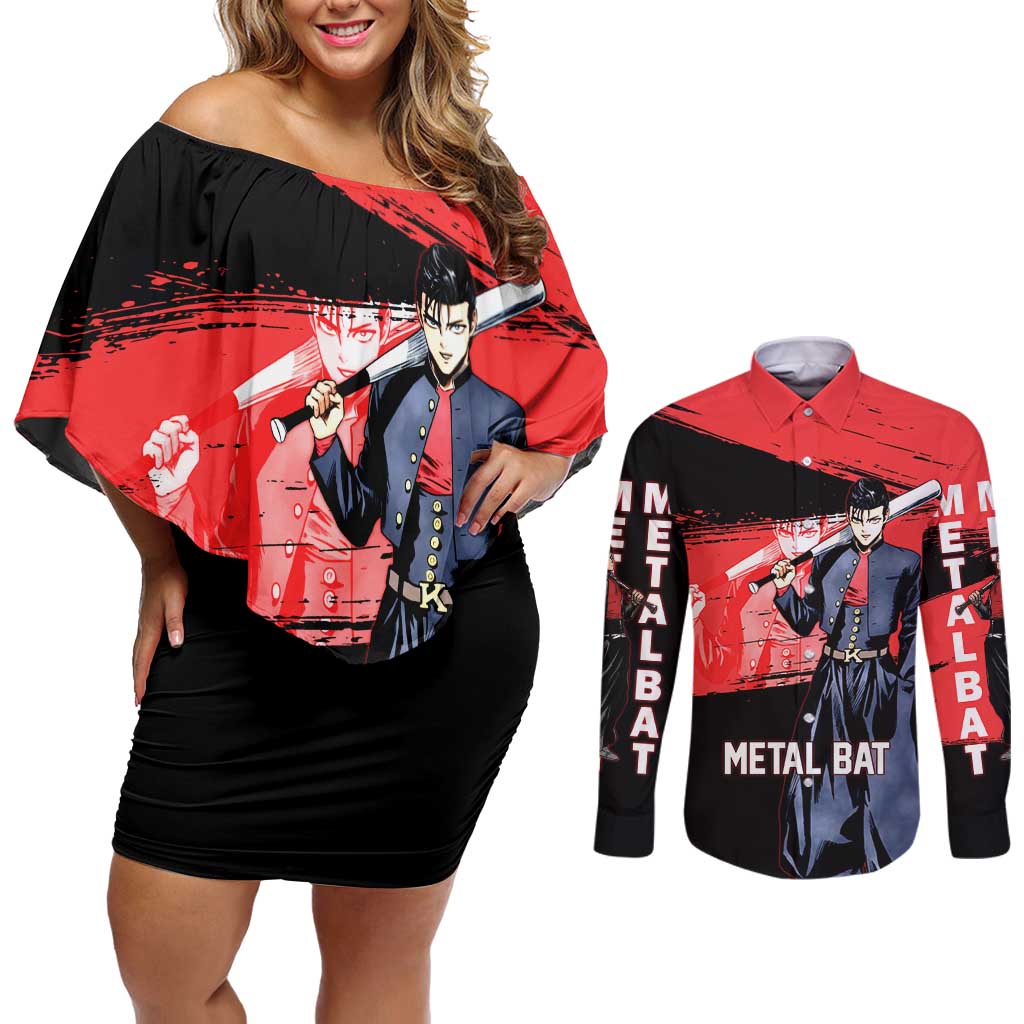 Metal Bat One Punch Man Anime Red and Black Theme Couples Matching Off Shoulder Short Dress and Long Sleeve Button Shirt with Street Fighter Style and Bold Bat Stance - The Mazicc