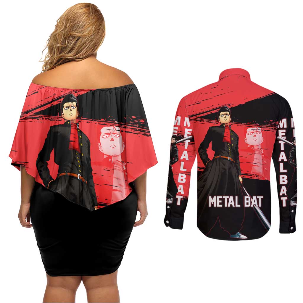 Metal Bat One Punch Man Anime Red and Black Theme Couples Matching Off Shoulder Short Dress and Long Sleeve Button Shirt with Street Fighter Style and Bold Bat Stance - The Mazicc