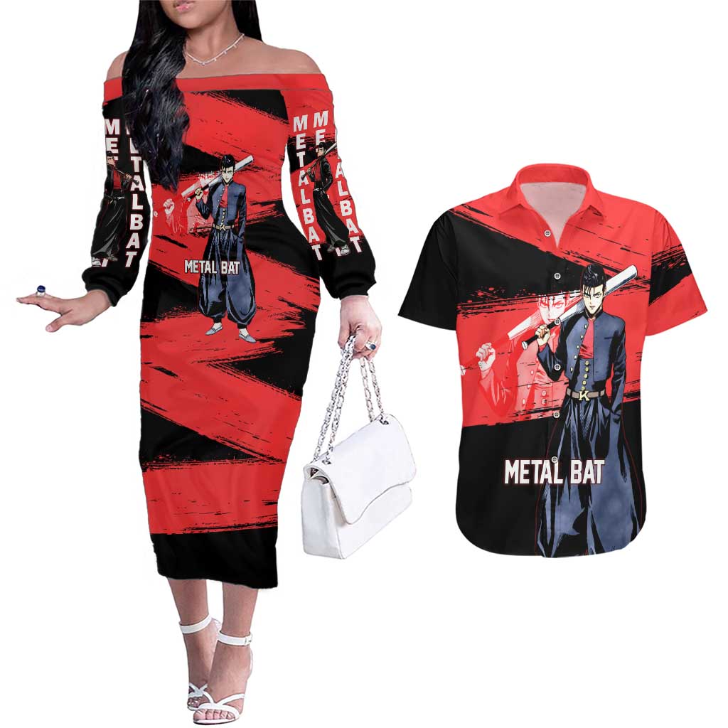 Metal Bat One Punch Man Anime Red and Black Theme Couples Matching Off The Shoulder Long Sleeve Dress and Hawaiian Shirt with Street Fighter Style and Bold Bat Stance - The Mazicc