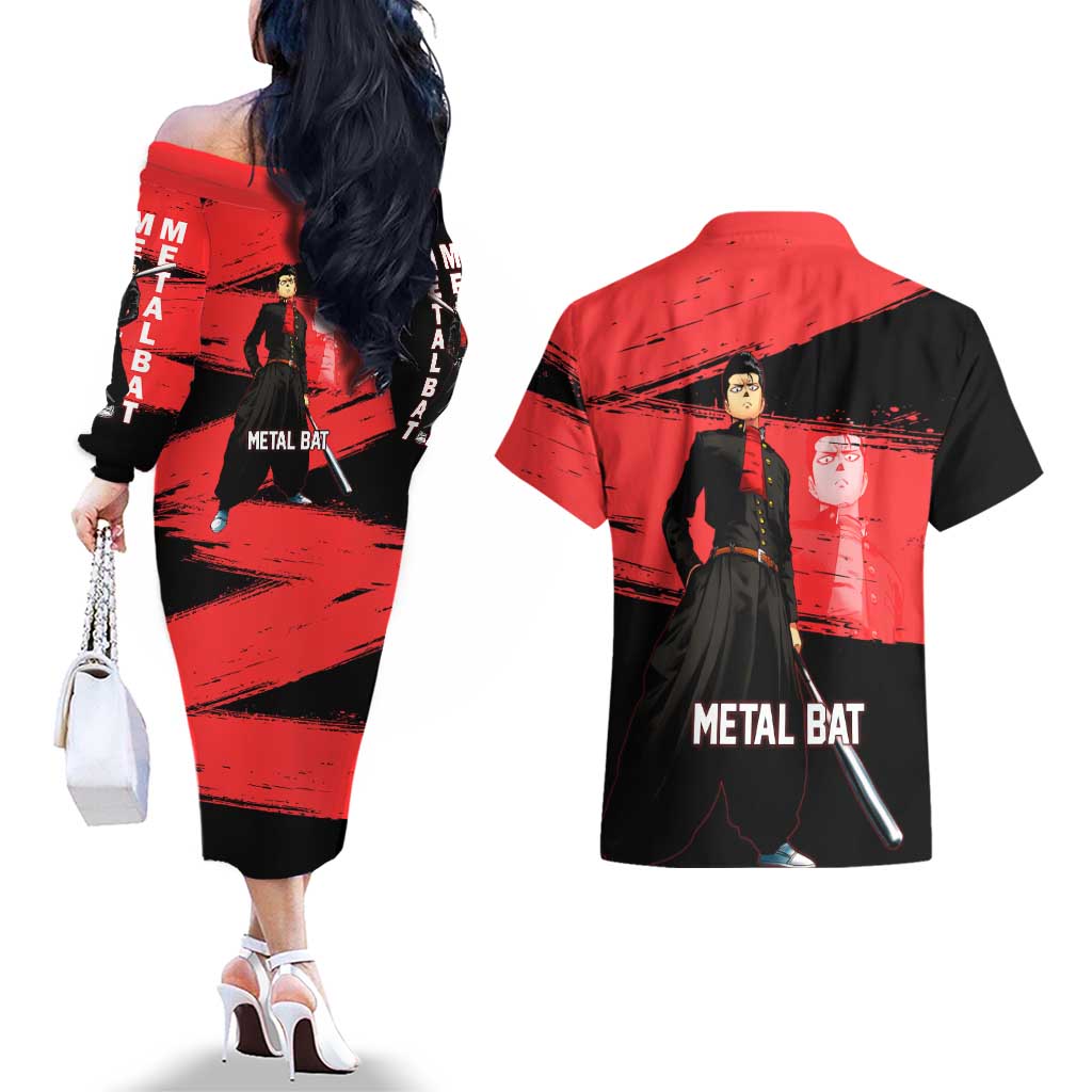 Metal Bat One Punch Man Anime Red and Black Theme Couples Matching Off The Shoulder Long Sleeve Dress and Hawaiian Shirt with Street Fighter Style and Bold Bat Stance - The Mazicc