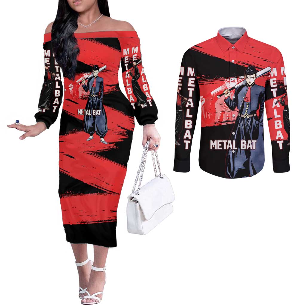 Metal Bat One Punch Man Anime Red and Black Theme Couples Matching Off The Shoulder Long Sleeve Dress and Long Sleeve Button Shirt with Street Fighter Style and Bold Bat Stance - The Mazicc