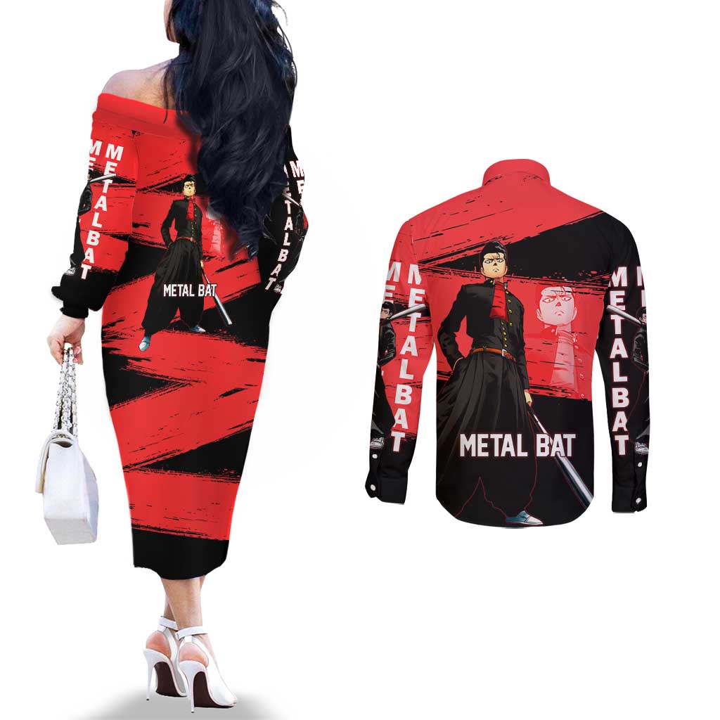 Metal Bat One Punch Man Anime Red and Black Theme Couples Matching Off The Shoulder Long Sleeve Dress and Long Sleeve Button Shirt with Street Fighter Style and Bold Bat Stance - The Mazicc