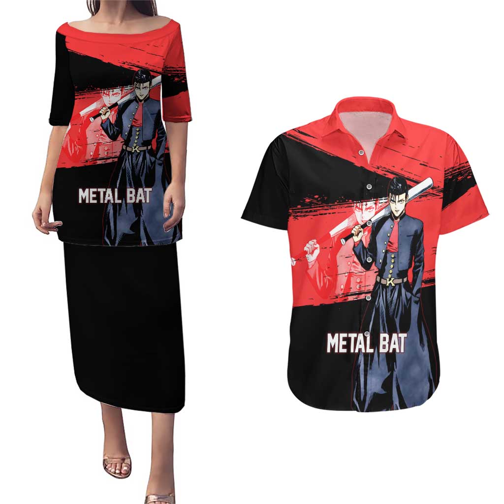 Metal Bat One Punch Man Anime Red and Black Theme Couples Matching Puletasi and Hawaiian Shirt with Street Fighter Style and Bold Bat Stance - The Mazicc