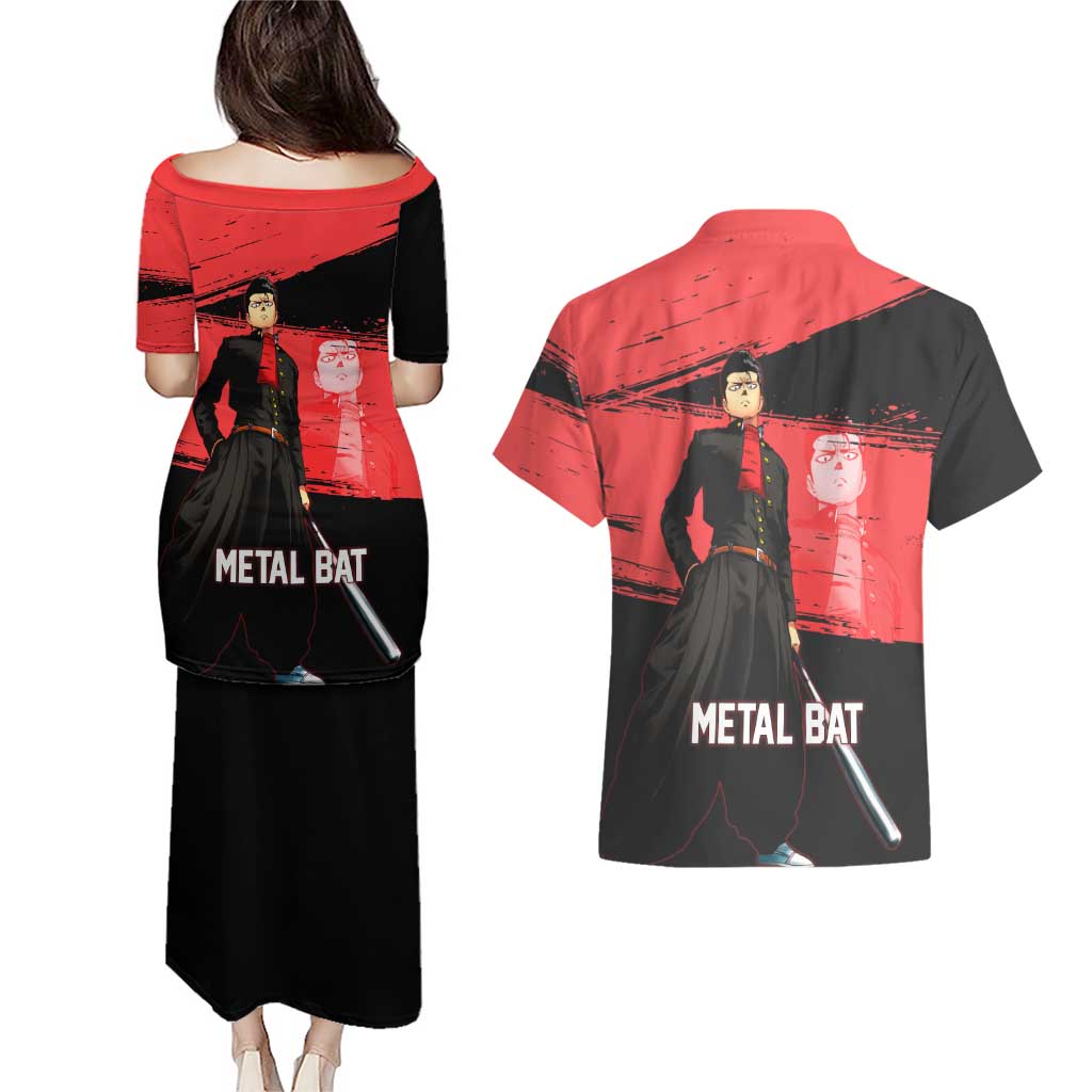 Metal Bat One Punch Man Anime Red and Black Theme Couples Matching Puletasi and Hawaiian Shirt with Street Fighter Style and Bold Bat Stance - The Mazicc