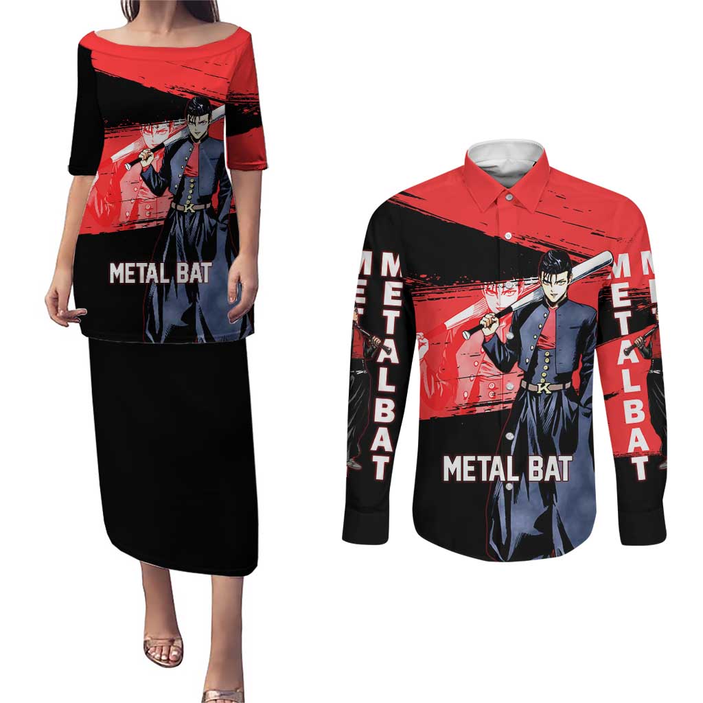 Metal Bat One Punch Man Anime Red and Black Theme Couples Matching Puletasi and Long Sleeve Button Shirt with Street Fighter Style and Bold Bat Stance - The Mazicc