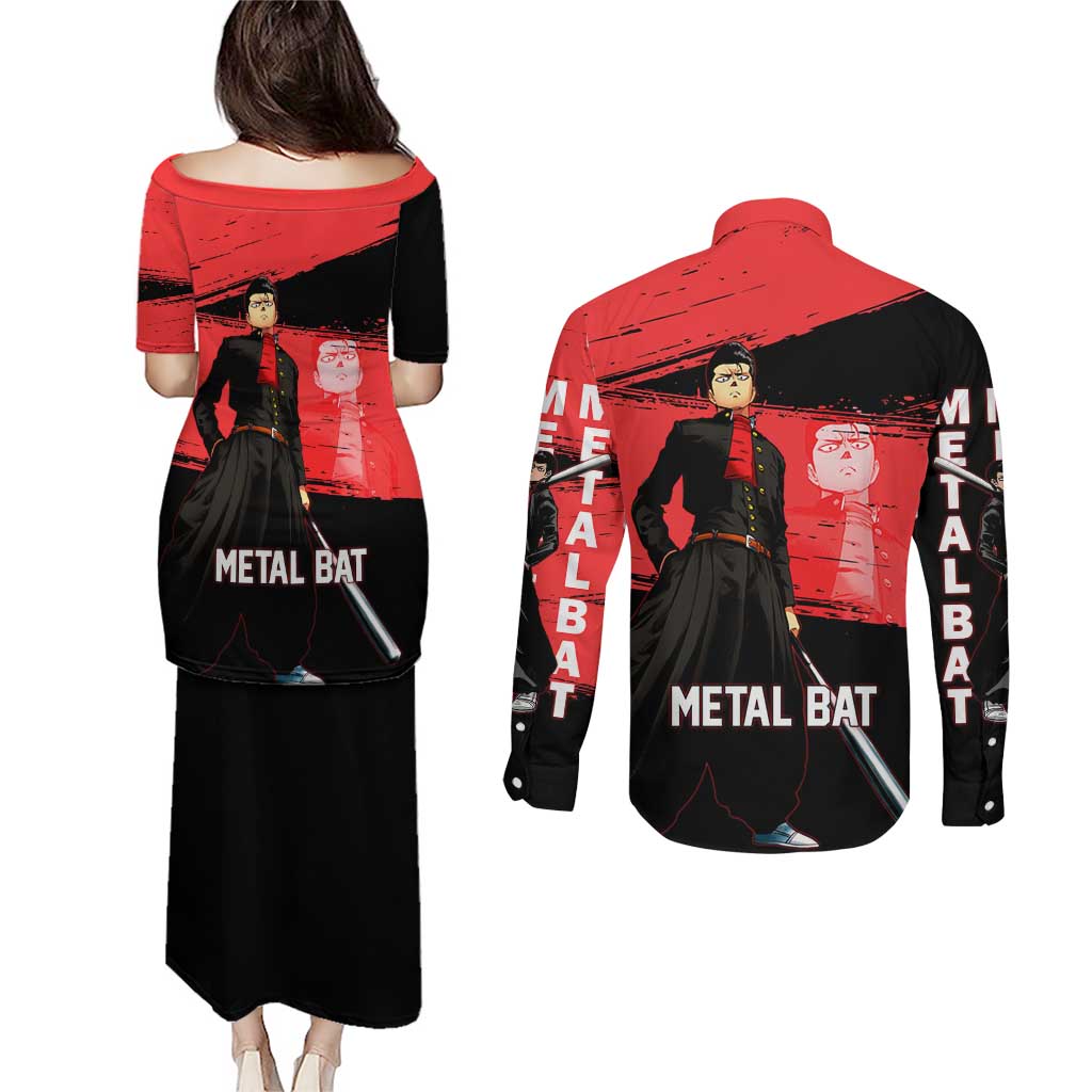 Metal Bat One Punch Man Anime Red and Black Theme Couples Matching Puletasi and Long Sleeve Button Shirt with Street Fighter Style and Bold Bat Stance - The Mazicc